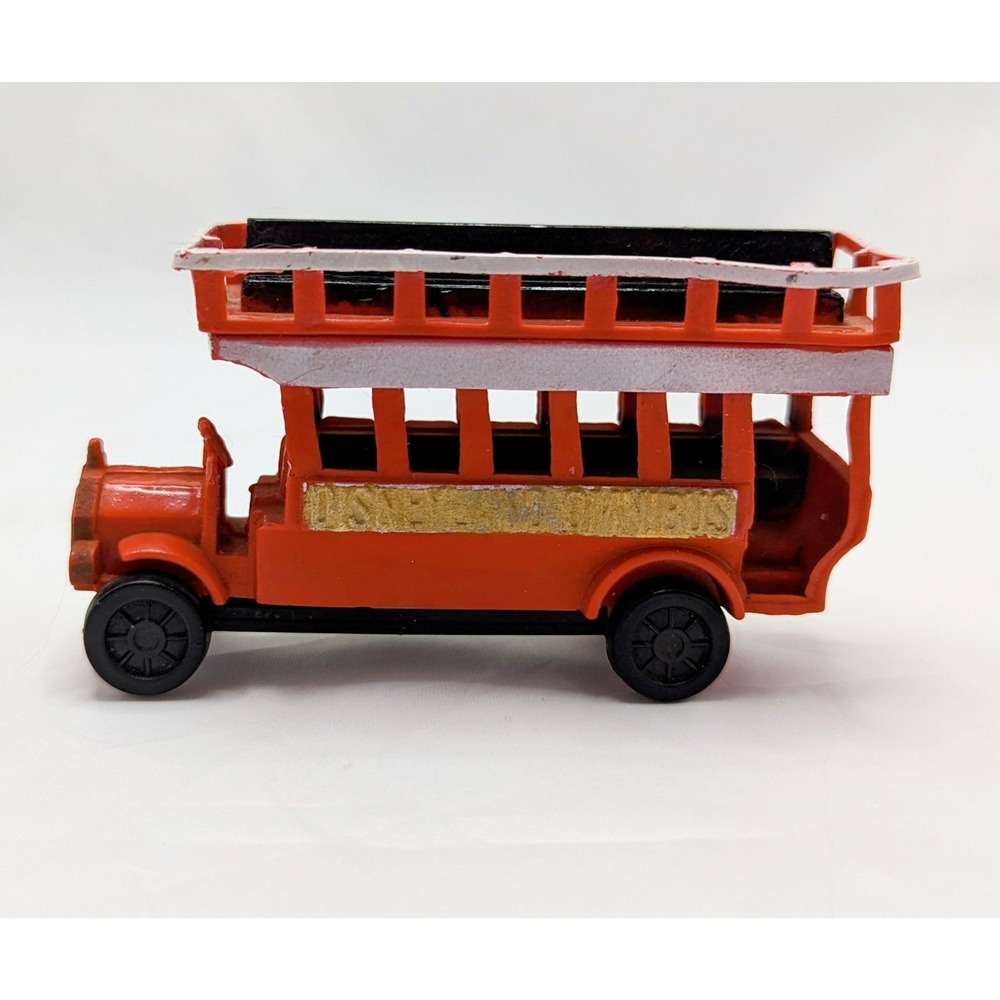 Vintage Red Disneyland Omnibus Gold Side Tour Bus Double Decker Plastic Toy